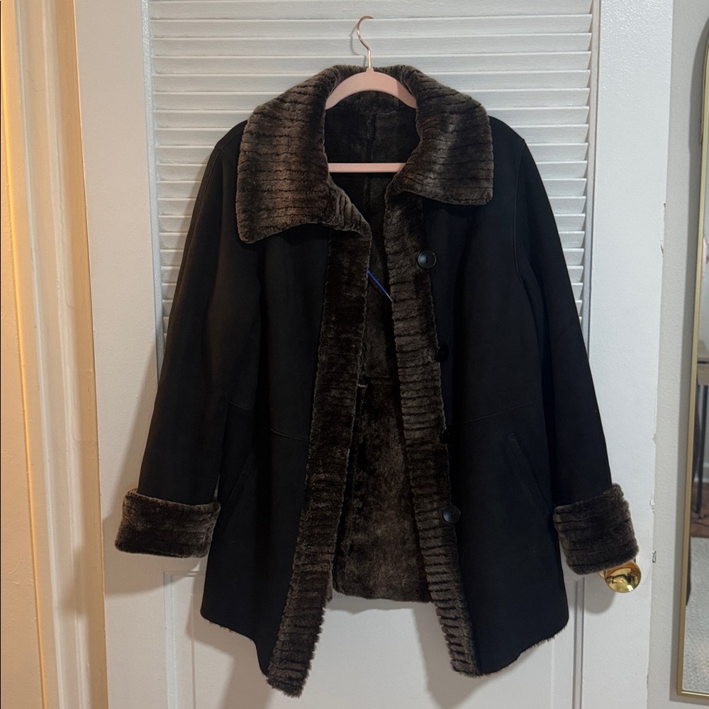 Blue Duck Sheepskin Shearling Coat – Black Suede with Ribbed Fur Trim (S)